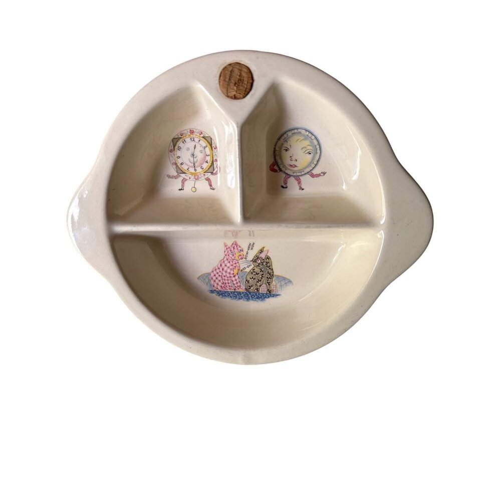 Vintage Excello Divided Childs Ceramic Dish Heavy Warming Nursery Rhyme Baby Cat - Picture 6 of 6